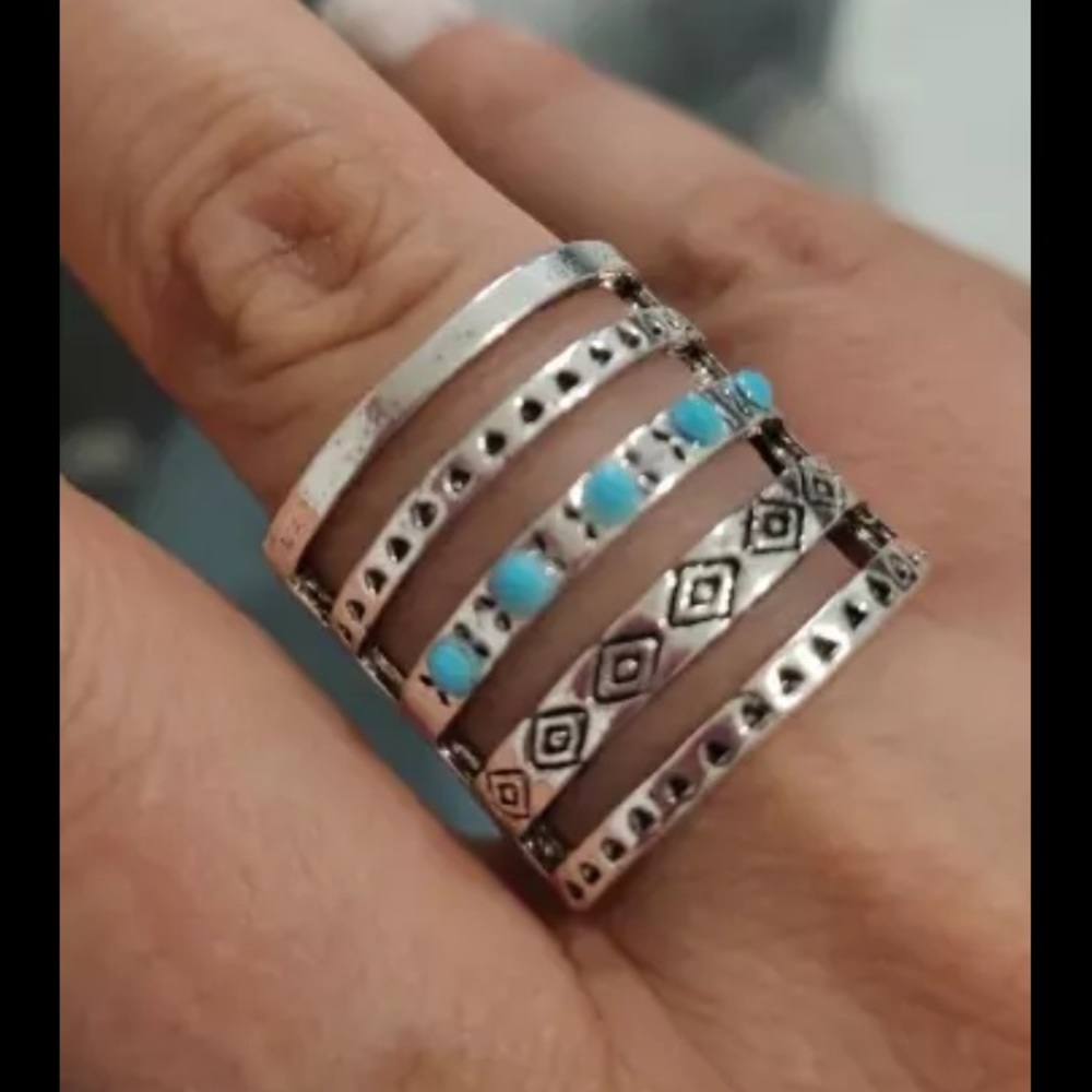 🌈LAST ONE🌈 Sz 7 Boho Silver Geometric Pattern Antique Thumb Finger Ring - Picture 9 of 11